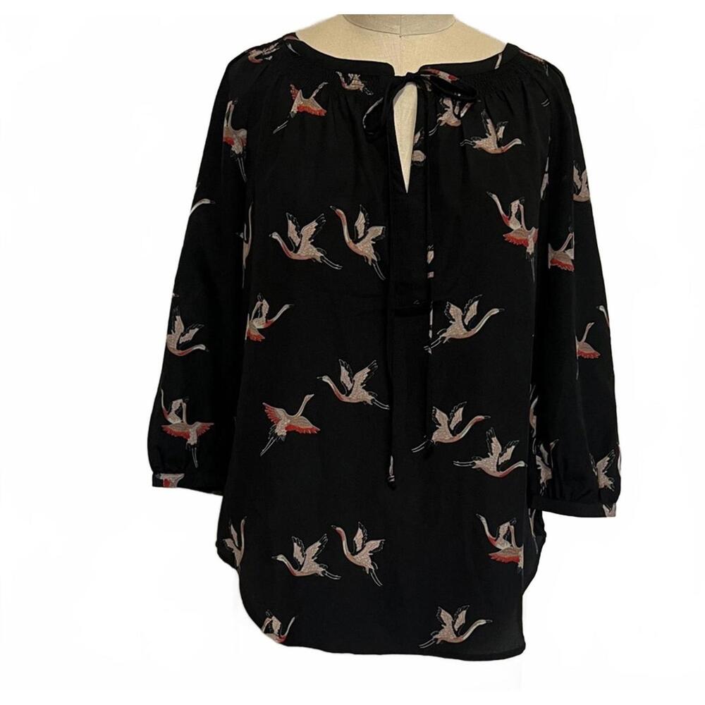 Daniel Rainn Black Crane Bird Print Popover Blouse Top Black Women's M